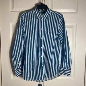 J Crew Classic Fit Shirt Women 8 Blue White Textured Stripe Button Down Blouse